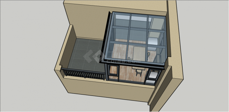 玻璃顶的屋内放置着桌椅的阳光房SU模型-图二