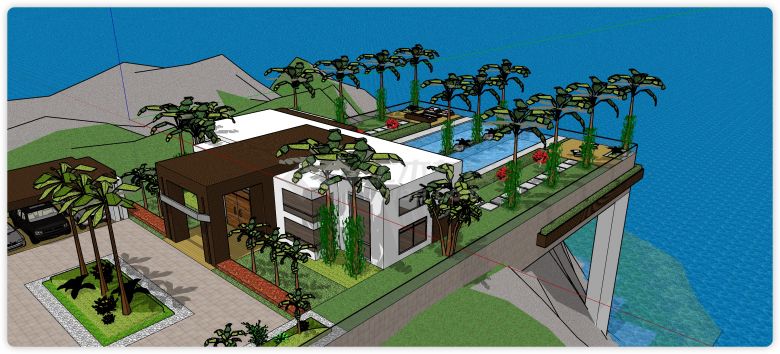 椰子树环形泳池别墅su模型-图一
