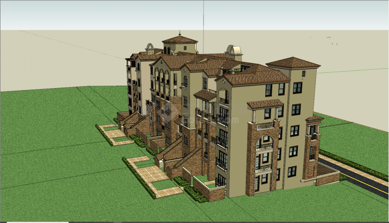 现代西班牙风格联排别墅su模型-图二