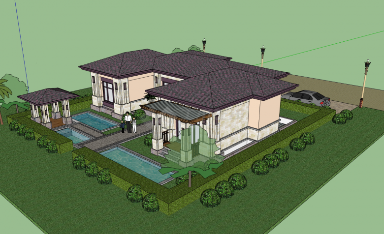 三个水池单层坡屋面别墅su模型-图二