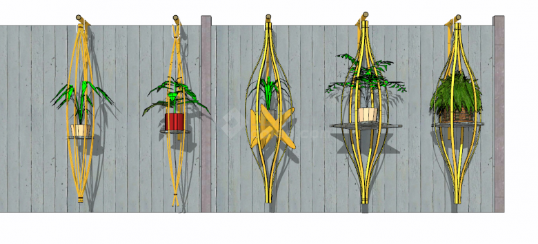 创意竹子做成的带有小盆绿植的花架花墙 su模型-图一