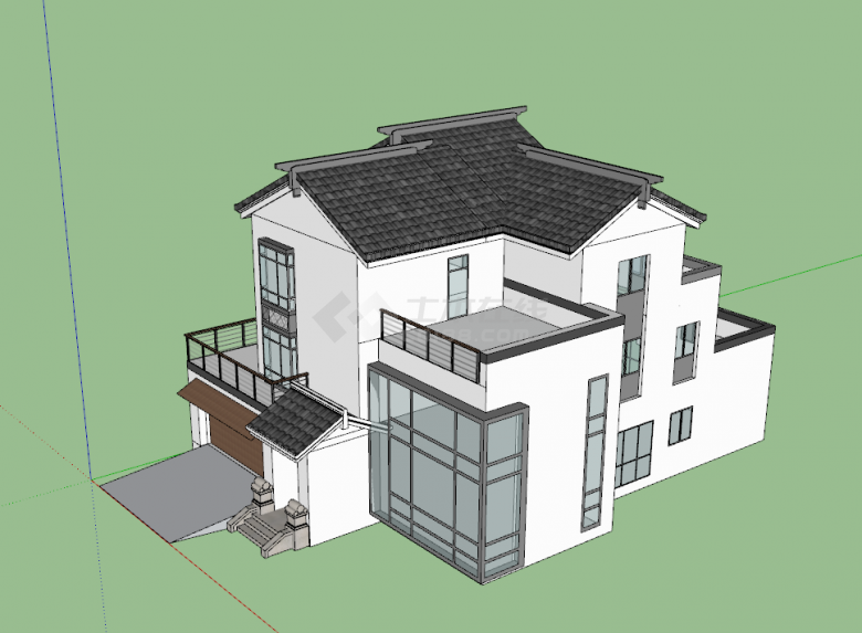带有大落地窗和车库的豪华双层别墅su模型-图二