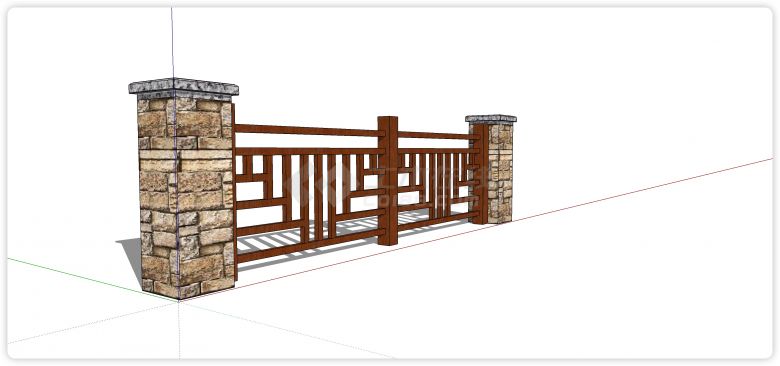 石砌柱子横竖矩形造型木质栏杆su模型-图二