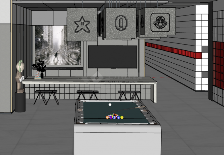 灰色现代台球桌球室 su模型-图二