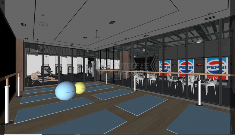 现代风格分区健身房瑜伽室台球室su模型-图二