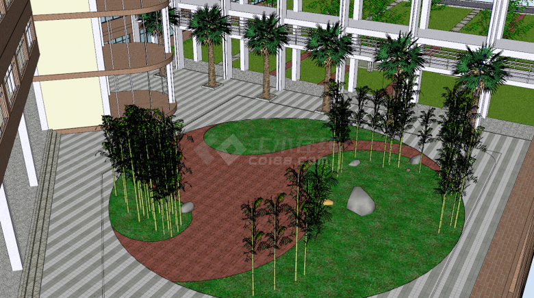 带有竹字和长廊的广场公园su模型-图二