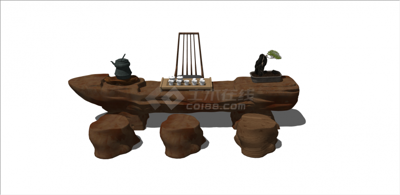 中式根雕茶桌茶台组合su模型-图一