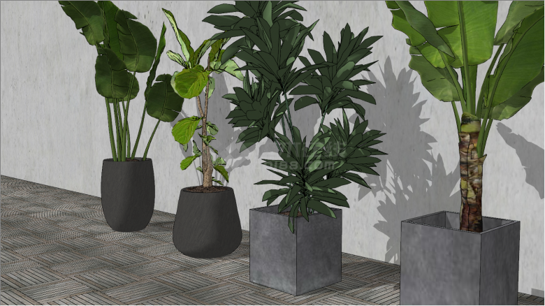 四个灰色陶罐状现代绿植盆栽su模型-图二
