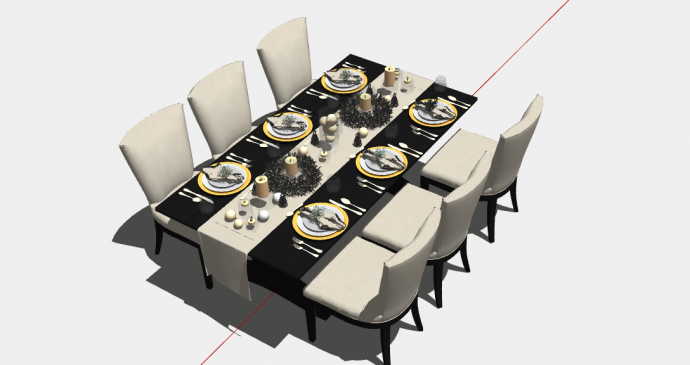 棕色的餐桌带有白色的椅子餐桌椅su模型_图1