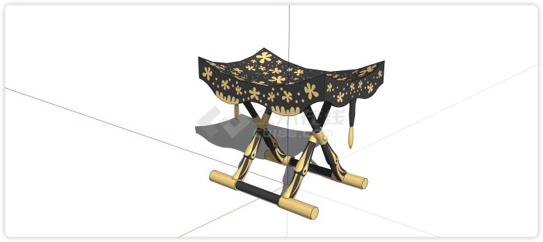 唐风黑色底金色花折叠小凳su模型-图一