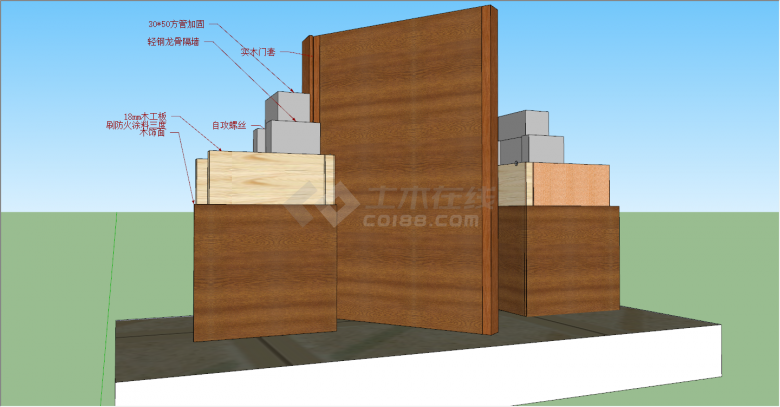 轻钢隔墙实木套装门解析su模型-图二
