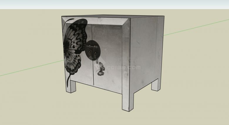 蝴蝶花纹实木矮柜金属柜锁中式家具su模型-图一