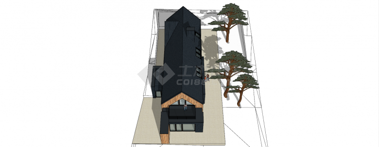现代黑色伞形顶两层木屋民宿su模型-图二
