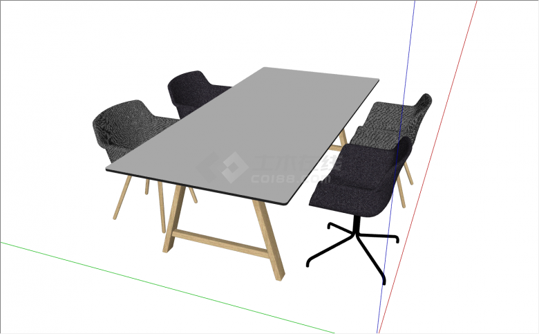 白色会议桌搭配4张灰黑颜色的座椅su模型-图二