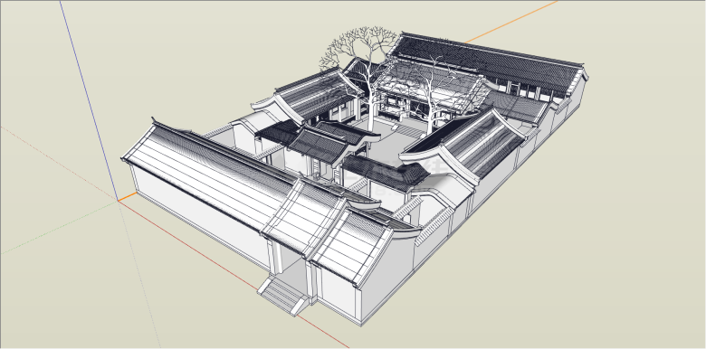 中式四方四合院设计su模型-图一