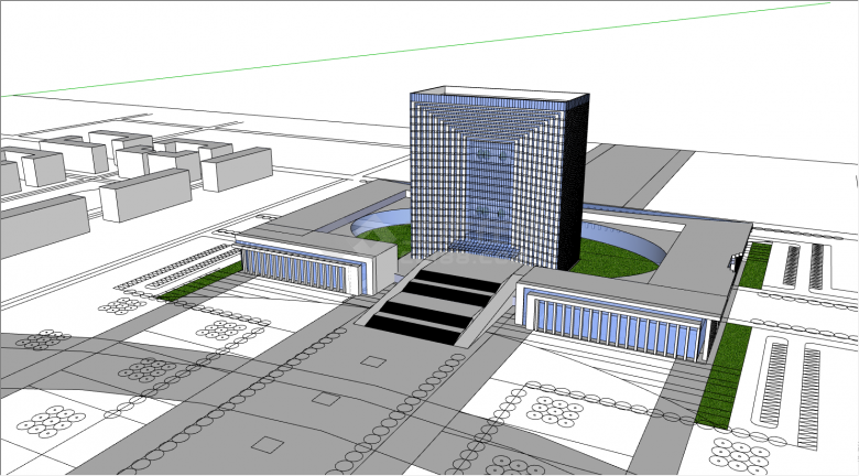 带有绿色草坪的一栋的多层的办公楼su模型-图二