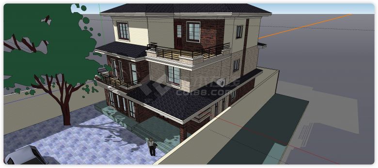 红色文化砖现代三层小别墅su模型-图二