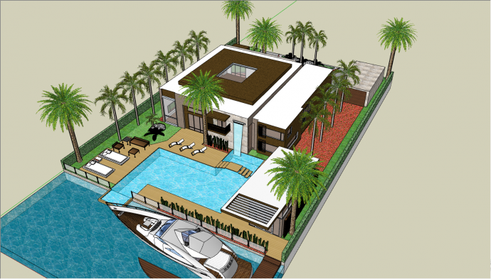 带有热带树木的游泳池的豪华别墅su模型_图1
