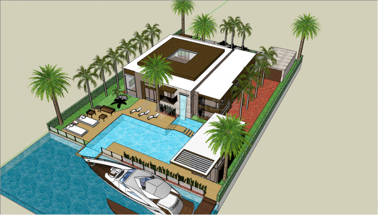 带有热带树木的游泳池的豪华别墅su模型-图一