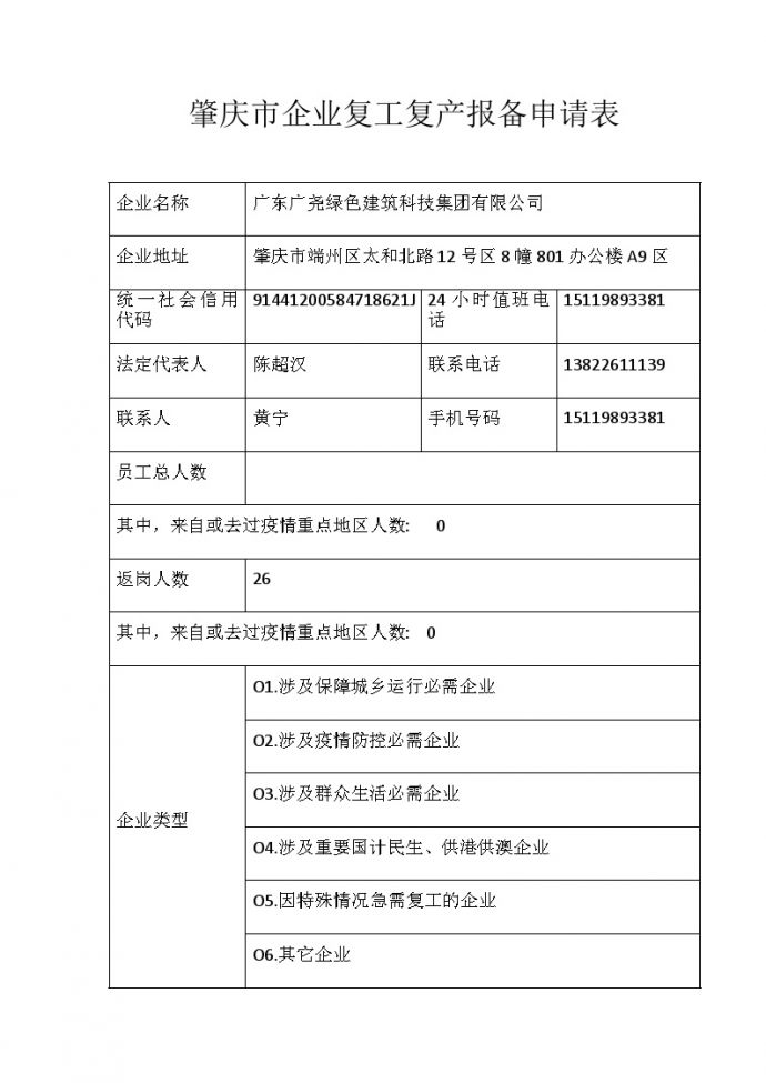 肇庆市企业复工复产报备申请表.docx_图1