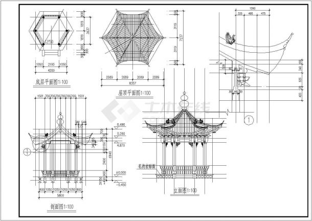 某单围柱重檐六角亭设计cad全套建筑施工图（含设计说明）-图二