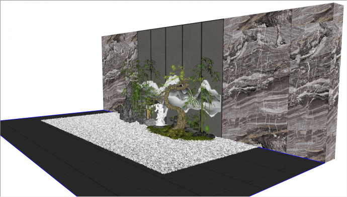 带有大理石花纹墙壁假山竹林鹅卵石的新中式景观 su模型_图1