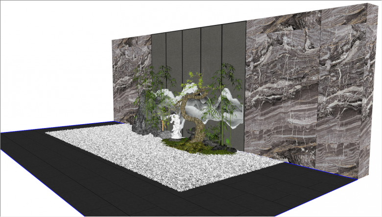 带有大理石花纹墙壁假山竹林鹅卵石的新中式景观 su模型-图一