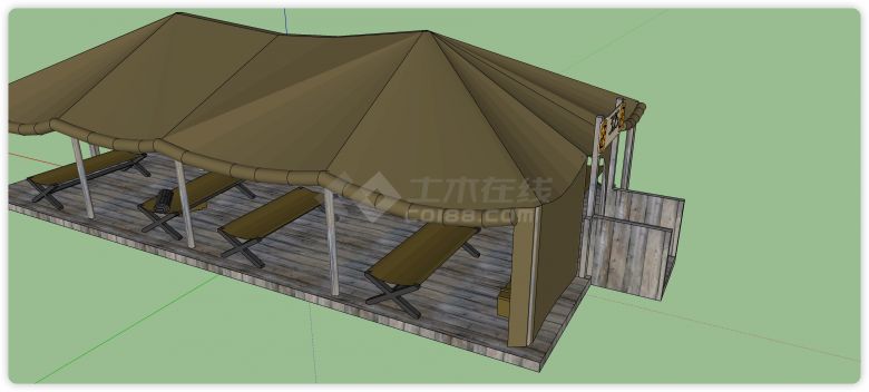 军绿色木桩结构帐篷su模型-图二