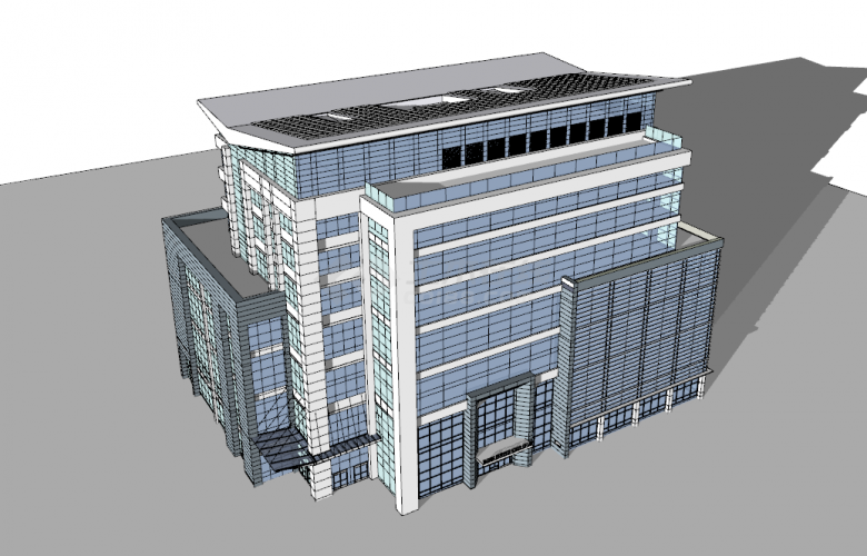 带有天蓝色玻璃和大太阳能板的现代办公建筑su模型-图二