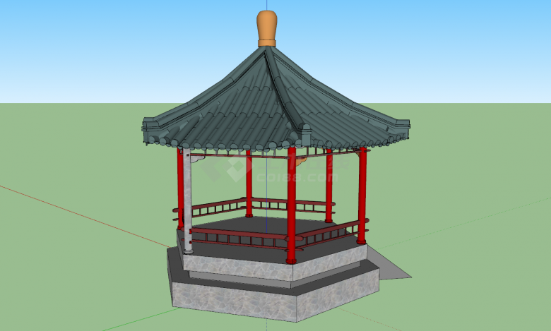 带阶梯中式复古六角亭su模型-图二