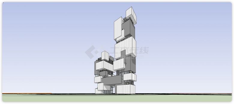 矩形错层堆叠高层办公楼设计su模型-图二