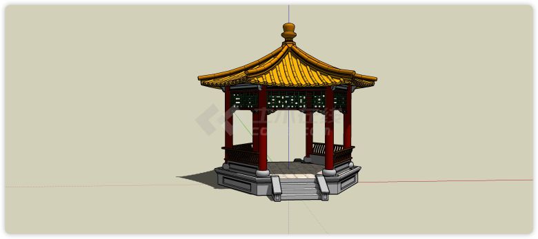 黄色瓦顶红色柱六角亭su模型-图二