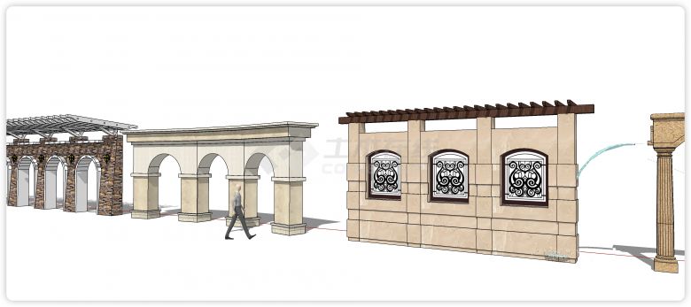 拱形造型文化石欧式廊架su模型-图一