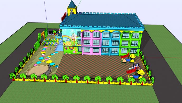 树木装饰围墙黄色外墙蓝色屋顶幼儿园su模型_图1