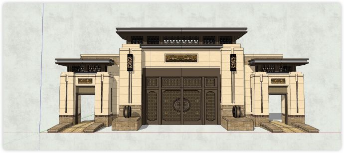 黄色大理石结构新中式大门入口su模型_图1