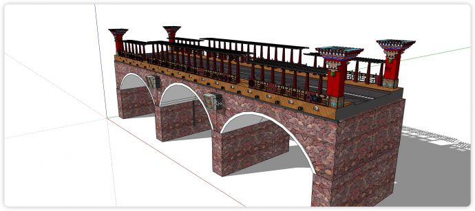 红色文化石桥墩中式桥su模型_图1