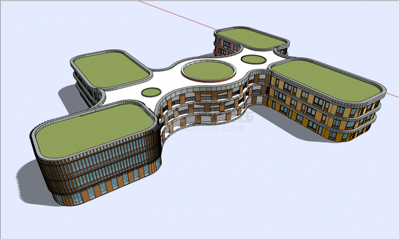 三层绿色平顶“工字型”组合建筑幼儿园su模型-图一