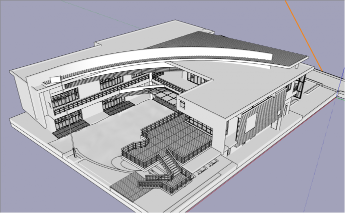 2层带停车场U型排列组合建筑幼儿园su模型_图1