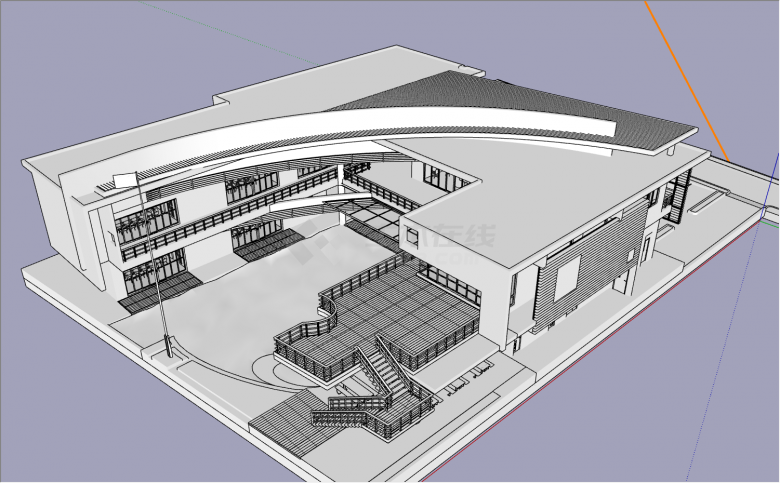 2层带停车场U型排列组合建筑幼儿园su模型-图一