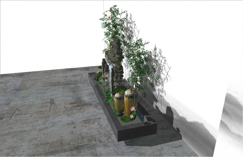 荷花水池竹子中式风格景墙su模型-图二