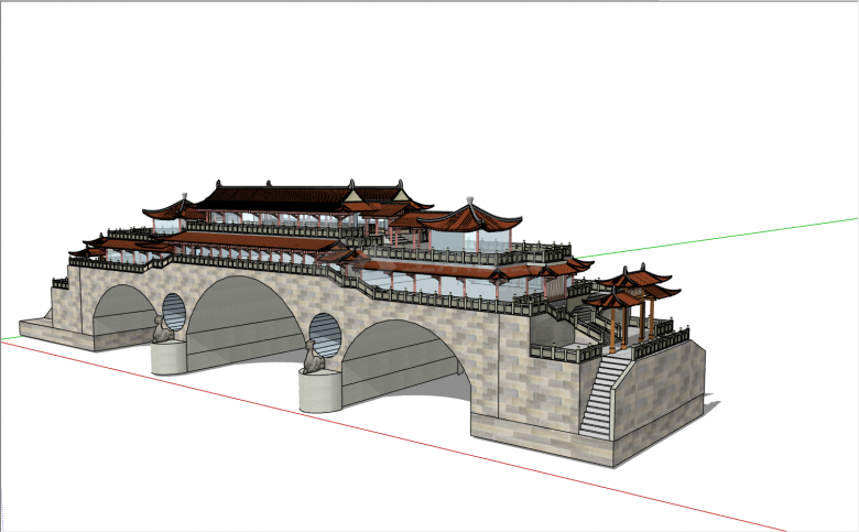 中式带石雕带3个拱形石桥su模型-图一