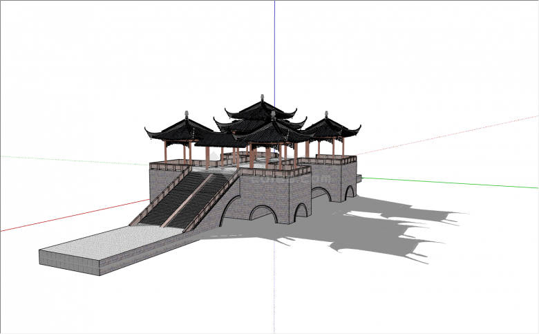 石质基底上设计5个木质小亭的中式廊桥 su模型-图二