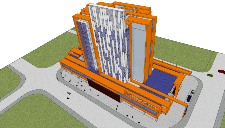 商场办公楼设计橙色外观su模型-图一