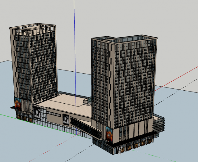 带大厦对立两栋相连的商业西立面su模型_图1