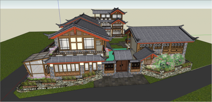 新中式木制景观建筑su模型_图1