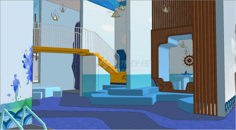 蓝色主题的彩色跑道玻璃房休息区的儿童活动场地su模型-图二