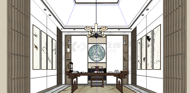 现代中式书房茶室su模型-图二