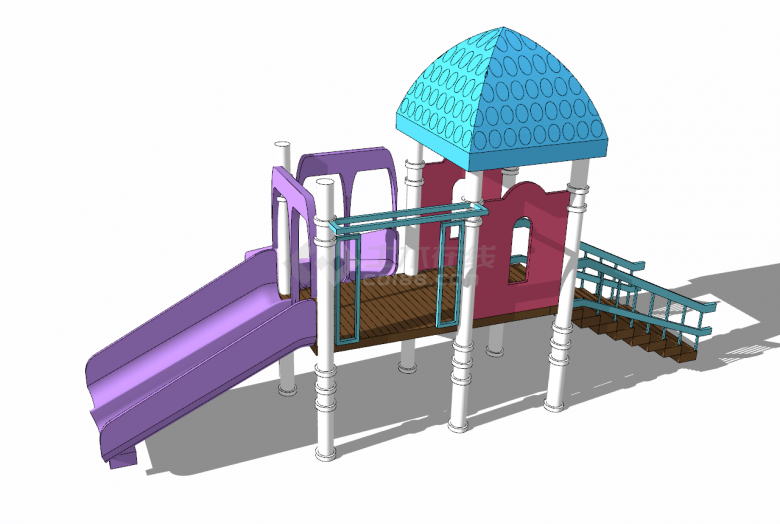 带有实木楼梯紫色滑道和蓝色顶棚的儿童活动场地su模型-图二