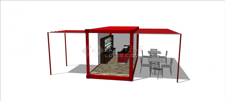 现代红色集装箱餐馆su模型-图二