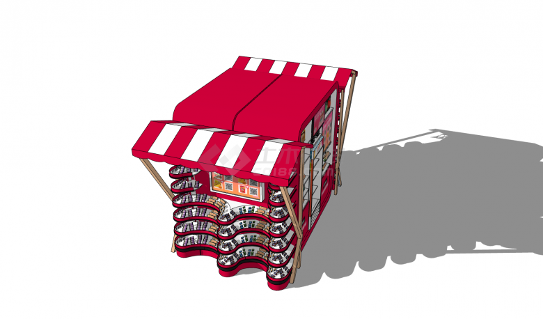 两边带伸缩篷的红色现代零食售卖亭su模型-图二